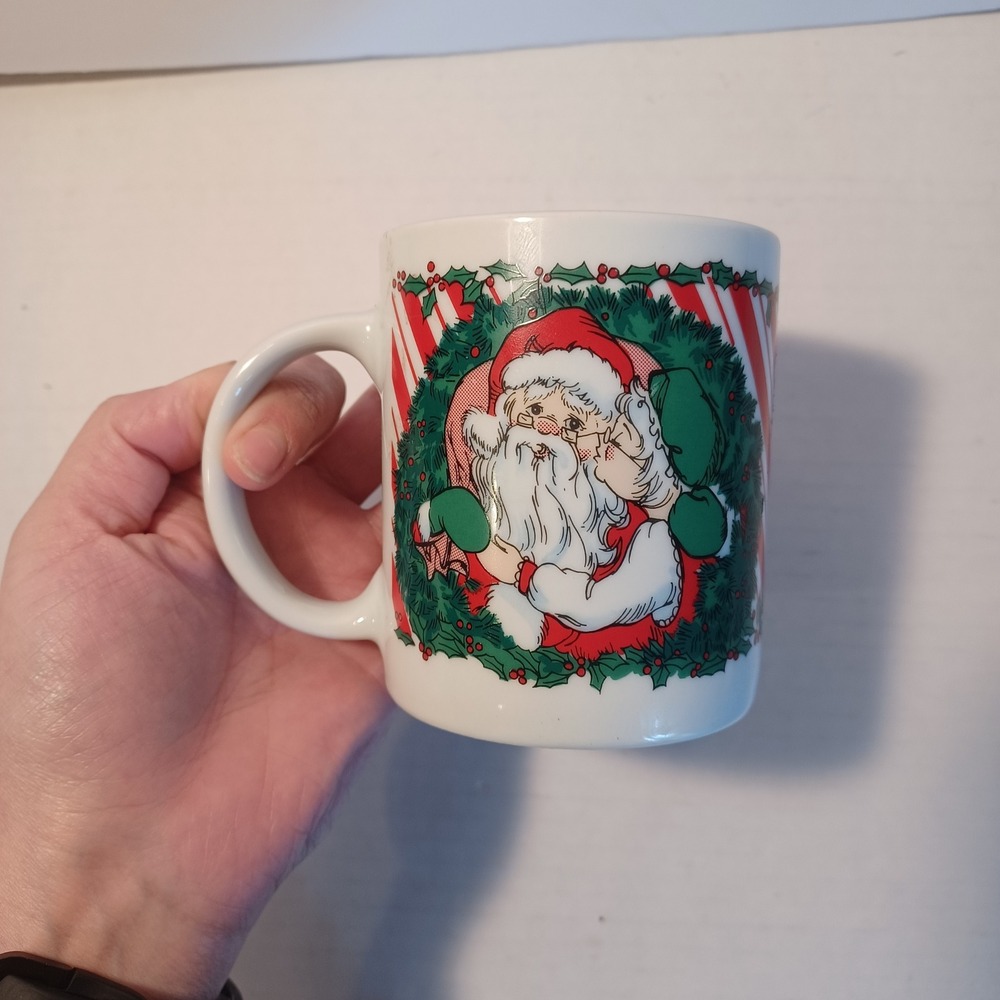 Vintage 1988 Santa Claus Kissing Elf Christmas Mug Houston Foods Made in China